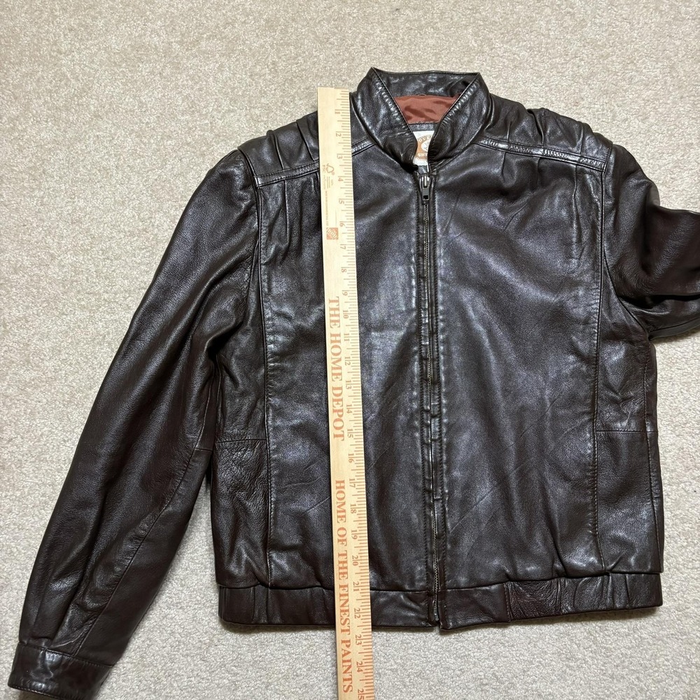 Overland Sheepskin Co Jacket Womens 10 Brown Leather Bomber Full Zip Collared - Picture 6 of 12